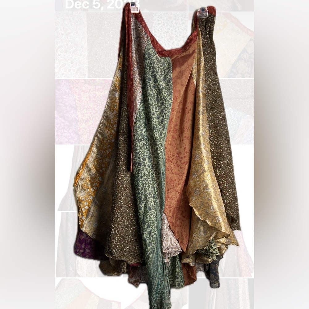 Two sided multi panel & color A-Line Silk Wrap Skirt Gypsy scalloped hem size L
